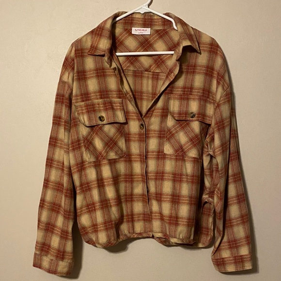 BUTTER MELON Tops - Butter Melon Plaid Button Down Red & Tan Shirt